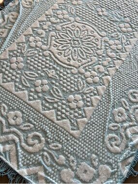 Vintage sky Blue Chenille Dot & Stripe bedspread blanket Throw